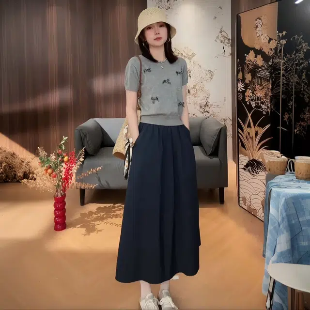 古莲菲 夏季修身显瘦针织上衣百搭半身裙温柔知性衣服洋气休闲两件套裙装套装 女款