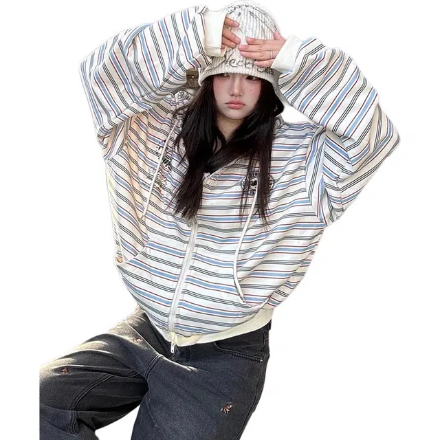 思蓓儿 撞色条纹连帽开衫女秋冬拉链外套慵懒风宽松休闲上衣卫衣 女款