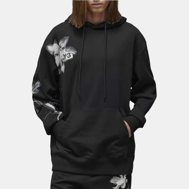 Y-3 Floral Print Hoodie Black
