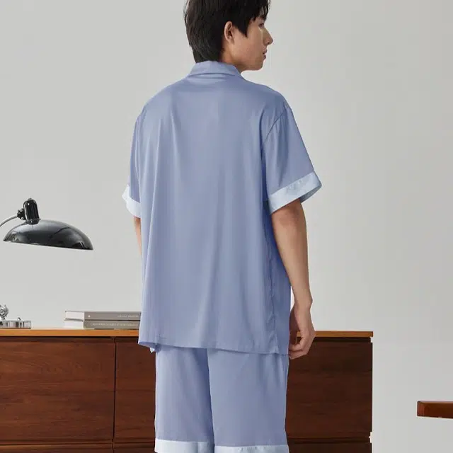 浮光岛屿 礼盒款简约系列 凉感冰丝纯色休闲宽松舒适短袖睡衣 家居服套装 男款 烟蓝色