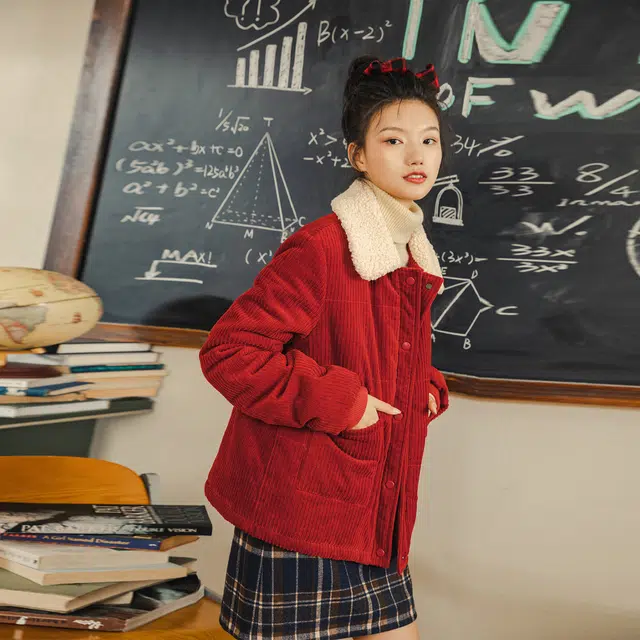 茵曼 纯色灯芯绒翻领休闲棉服 女款 复古红