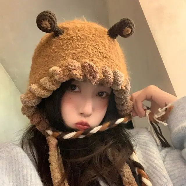 【秋冬必备~通勤神器】 攸委 可爱小怪兽毛绒针织帽子女冬季保暖加厚护耳帽 涤纶 手工编织卡通大头围绒线帽雷锋包头帽 男女同款情侣款