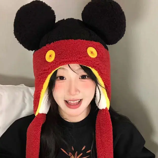 【秋冬必备~通勤保暖】 攸委 可爱卡通扣子耳朵拼色毛绒帽子女冬季加绒加厚防寒护耳帽 涤纶 学生时尚百搭创意雷锋帽 男女同款情侣款