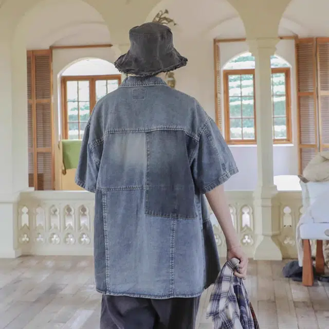 港仔文艺男 复古水洗拼接牛仔短袖衬衫 男款 蓝色