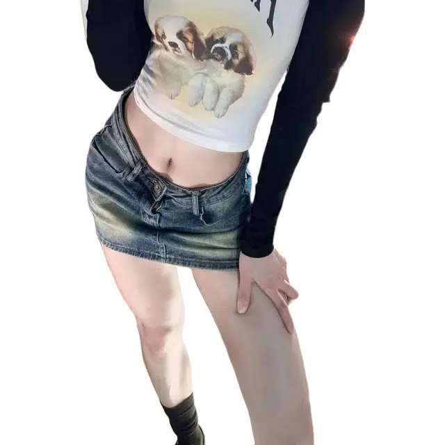 轻迎 水洗做旧斜腰辣妹牛仔女小众欧美包臀防走光半身裙夏季休闲短裙 女款