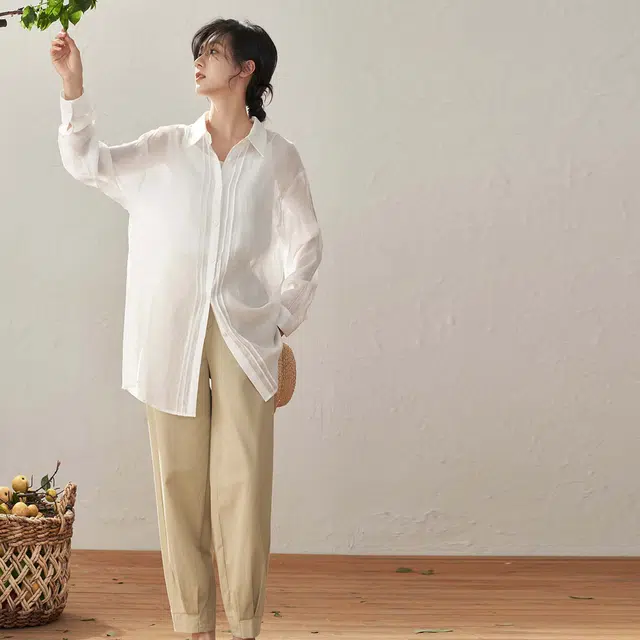 茵曼 纯色直筒宽松长裤 女款 卡其色