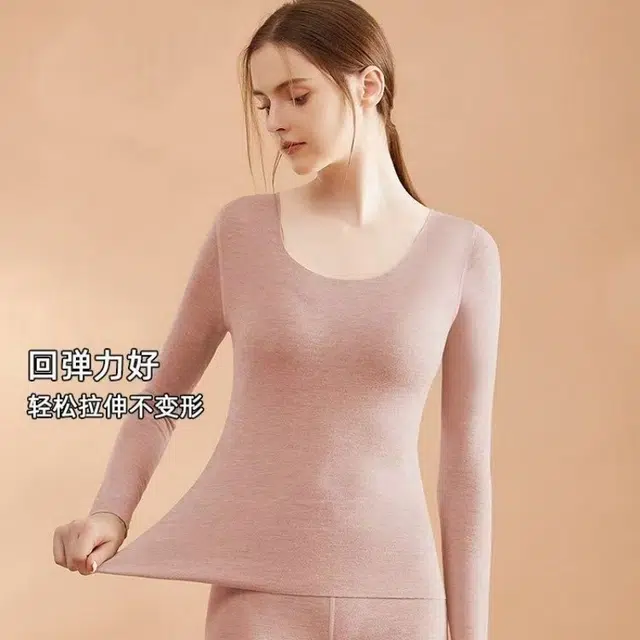 草本初色 蚕丝徳绒无痕加绒蓄热打底亲肤舒适内搭秋衣秋裤羊毛发热加厚高弹贴身无束缚秋冬保暖套装 女款