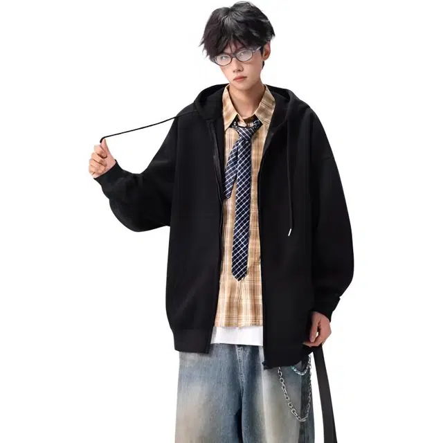 颂希尔 美式高街港风重磅开衫连帽秋季潮牌宽松纯色休闲上衣出勤百搭外套卫衣 男女同款