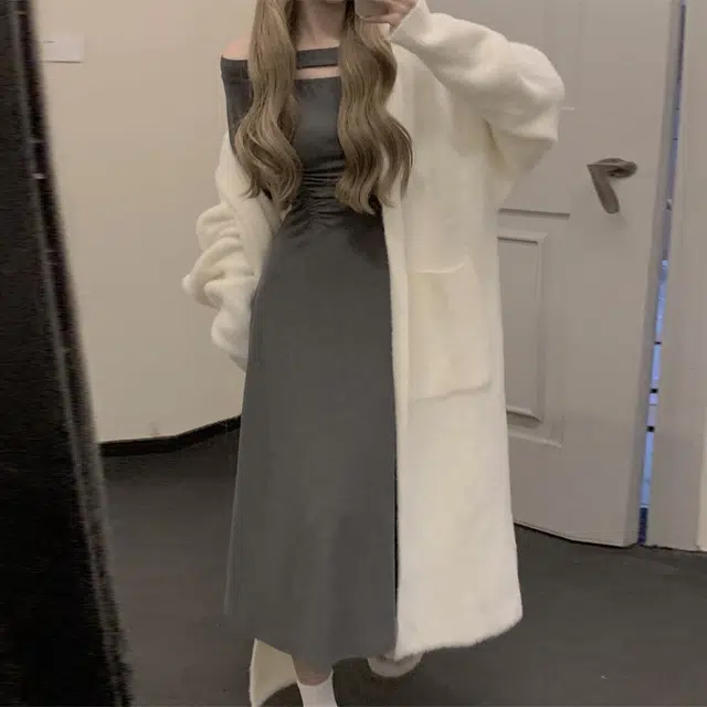 松本丧丧 纯色长款连帽针织衫 女款 白色