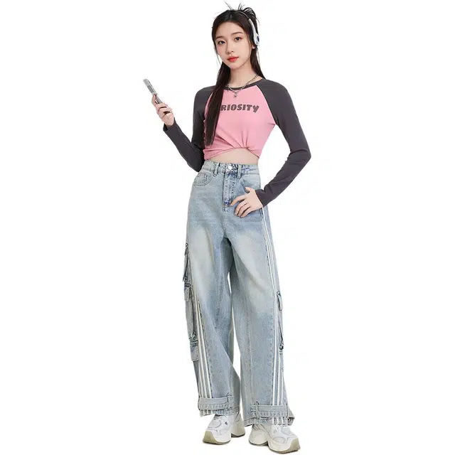 三福 宽松舒适百搭牛仔裤 女款 牛仔浅蓝