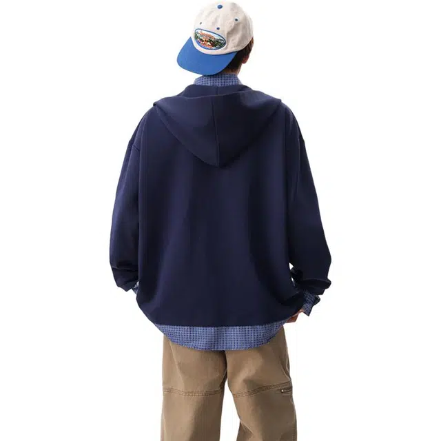 行更远 格纹衬衫拼接假两件连帽季学院风宽松休闲百搭情侣上衣卫衣 男女同款