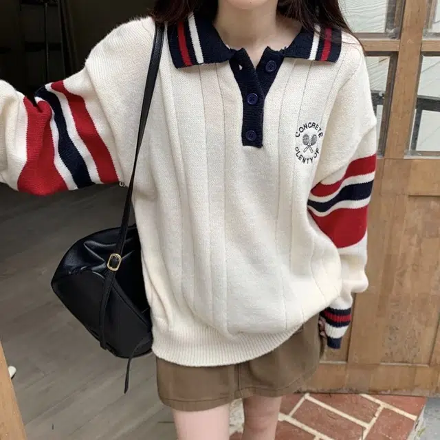御茶家 美式学院风撞色条纹刺绣长袖针织衫 女款