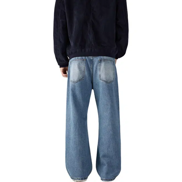 帝狼牛 复古水洗做旧线条设计感浅色宽松直筒显瘦百搭牛仔裤 男女同款