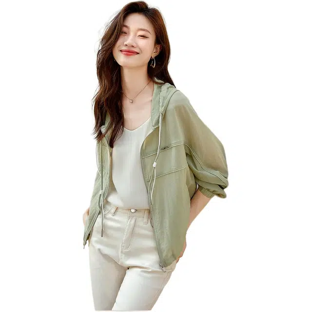 沫晗依美 纯色拉链连帽宽松夹克外套 女款 绿色