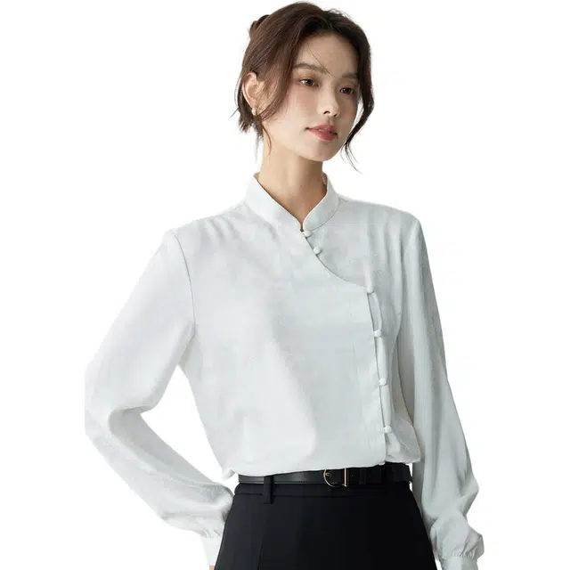 茵曼 纯色立领舒适长袖衬衫 女款 米白