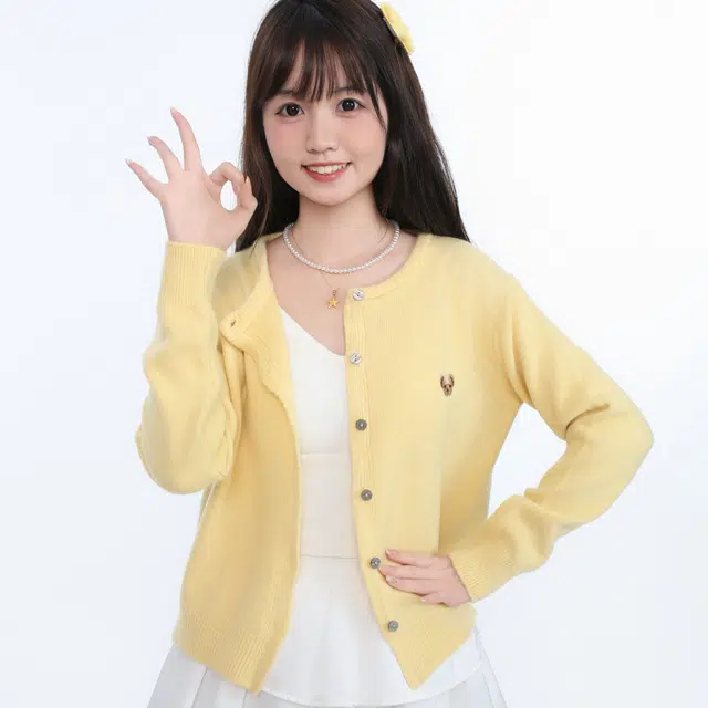 御茶家 可爱小熊刺绣开衫单排扣宽松针织衫 女款 紫色