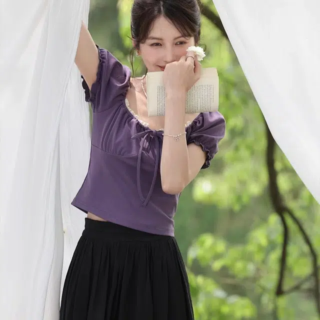 鹿向南 淡紫法式气质方领拼色常规短袖休闲衬衫 女款