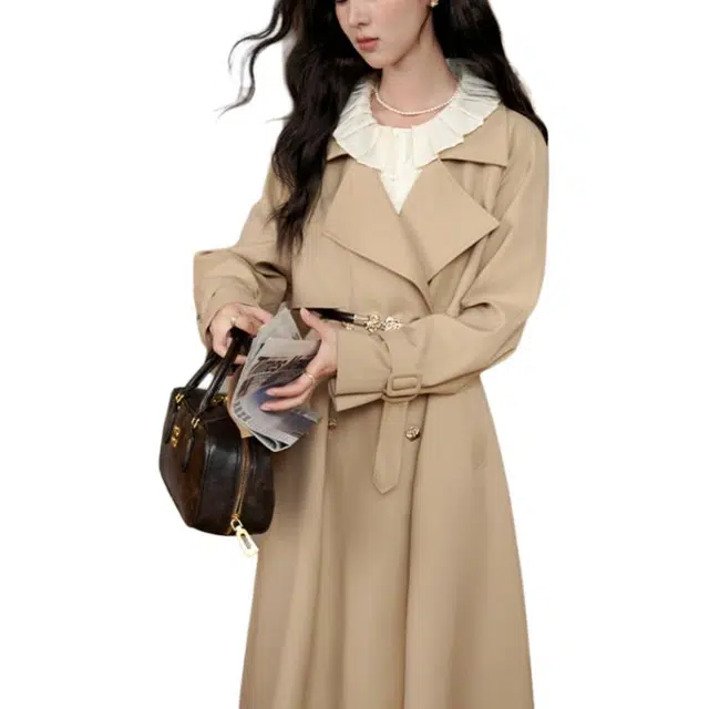 鹿向南 半糖摩卡系列 纯色翻领中长款风衣 女款 卡其色