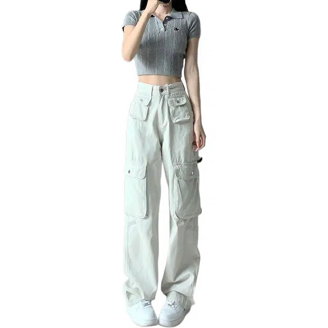 么宁 美式复古白色工装裤女直筒宽松阔腿高腰显瘦休闲多口袋牛仔裤 男女同款