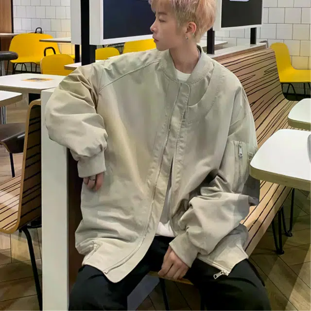 地界二 美式高街棒球服外套男日系宽松潮流痞帅休闲百搭飞行员宽松潮流痞帅纯色常规潮夹克 男款