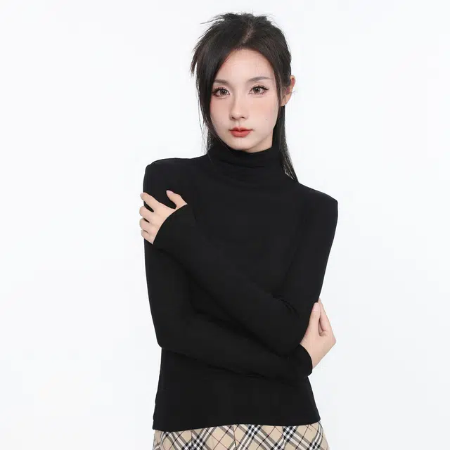 御茶家 纯色基础款堆堆领高弹立修身可外穿打底针织衫 女款 美拉德