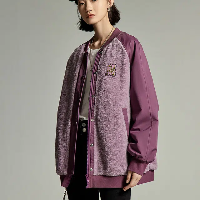 初语 加厚拼接毛绒立领棉服 女款 深紫色