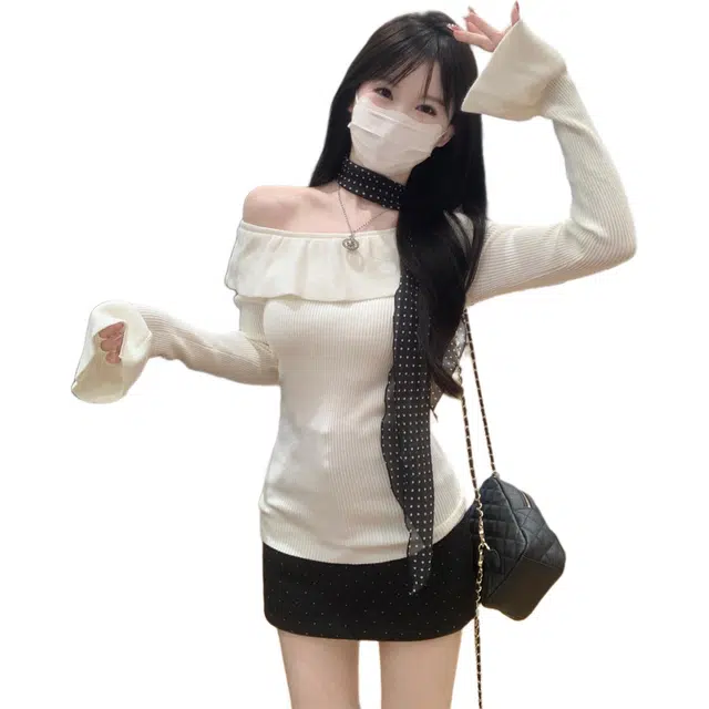 思蓓儿 秋季韩版纯欲温柔荷叶领一字肩修身长袖女针织衫 女款