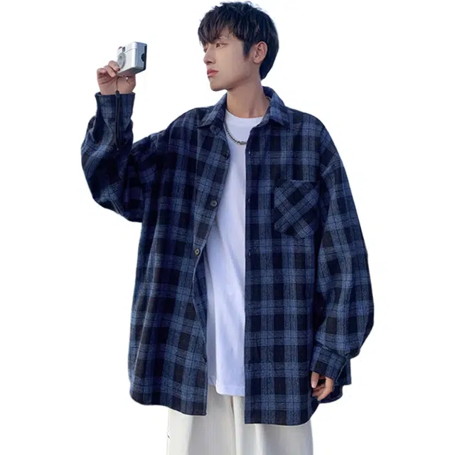 北极绒 格子薄款休闲翻领舒适百搭长袖夹克 男款
