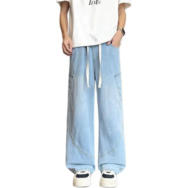 法文箱子 美式高街春秋潮流牛仔时尚工装设计复古宽松百搭休闲直筒裤 男款