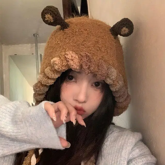 【秋冬必备~通勤神器】 攸委 可爱小怪兽毛绒针织帽子女冬季保暖加厚护耳帽 涤纶 手工编织卡通大头围绒线帽雷锋包头帽 男女同款情侣款