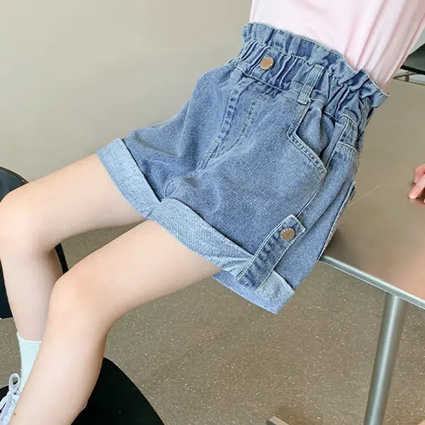 左西 童装 纯色休闲中腰牛仔短裤 女童 蓝色