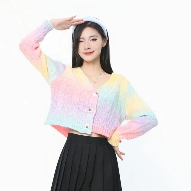 御茶家 彩虹条纹渐变色单排扣毛衣长袖针织衫 女款