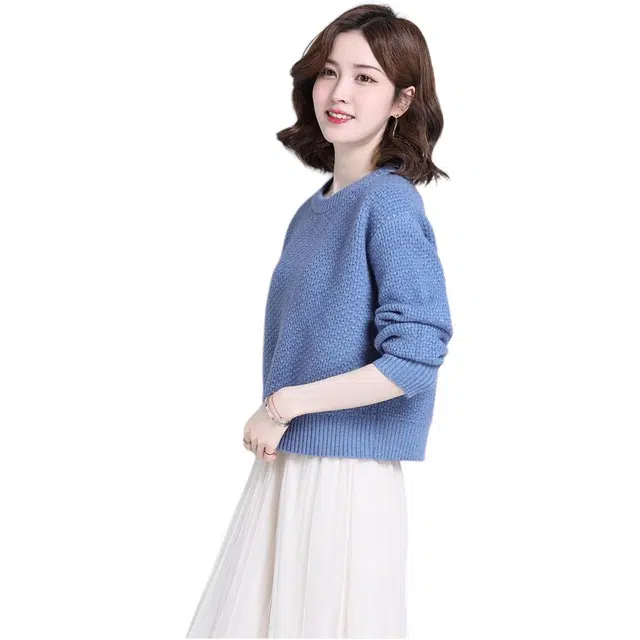 恒源祥 时尚气质百搭洋气长袖女纯色圆领显瘦上衣针织衫 女款