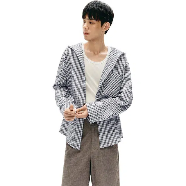 森马 格纹外套轻薄款连帽长袖衬衫 男款