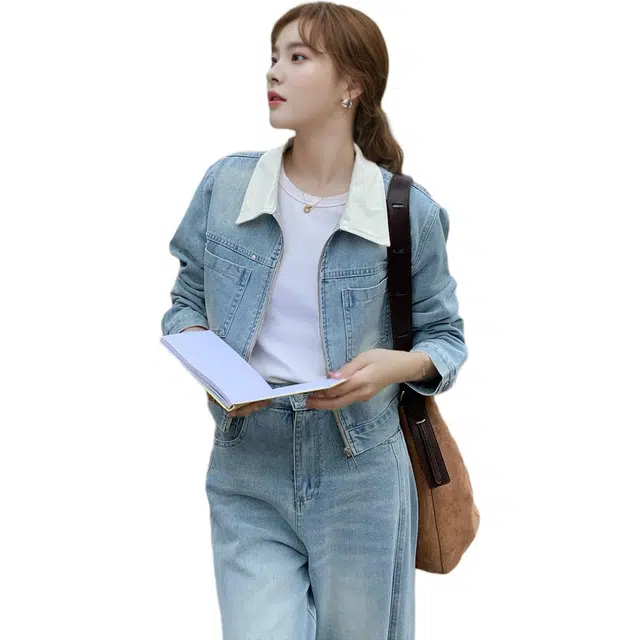 恒源祥 复古时尚纯色牛仔外套阔腿裤两件套休闲套装 女款