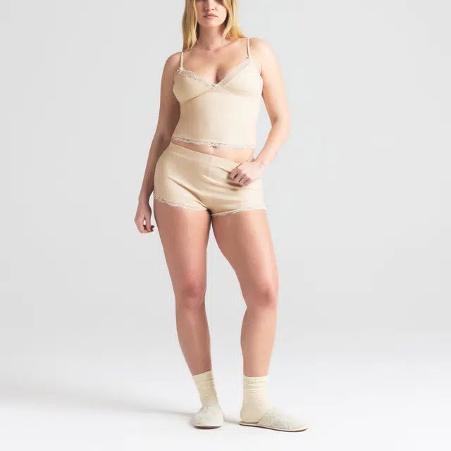 SKIMS SS25 COTTON JERSEY LACE CAMI AND SHORT SET BUTTER