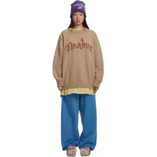 江南先生 美式复古字母圆领常规长袖宽松型套头毛衣 男女同款