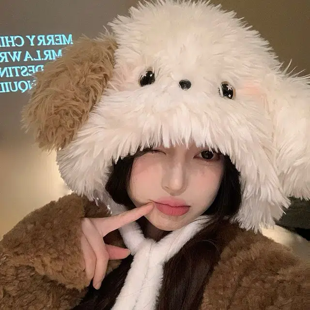【小狗模拟器~秋冬入】 攸委 可爱卡通腮红狗狗耳朵保暖加厚 涤纶 绒线帽 男女同款情侣款
