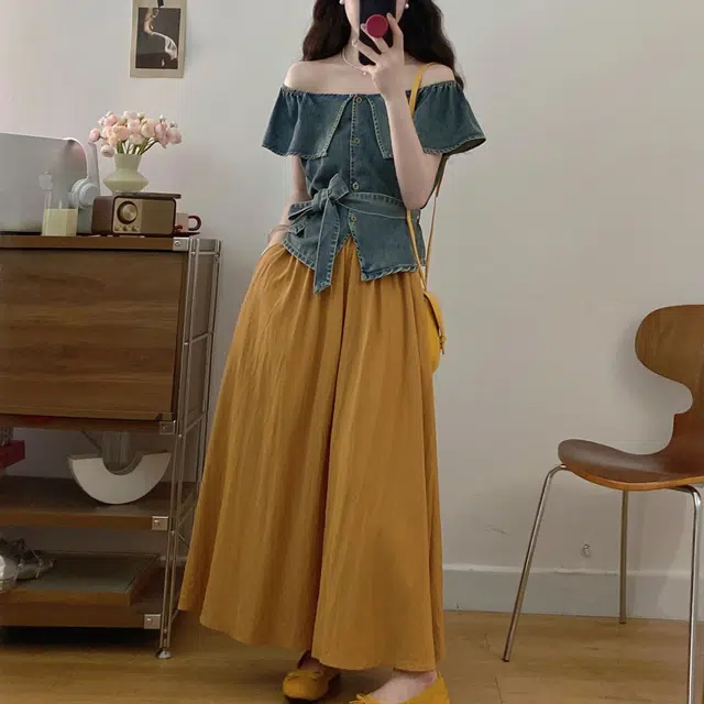 古莲菲 法式设计感小众牛仔上衣高腰半身裙两件套套裙装套装 女款