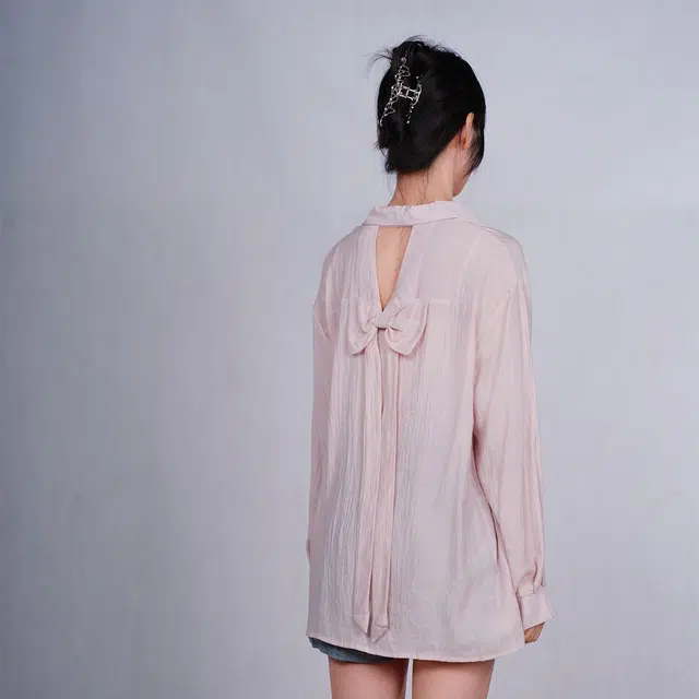 御茶家 纯色蝴蝶结设计翻领长袖衬衫 女款 粉色