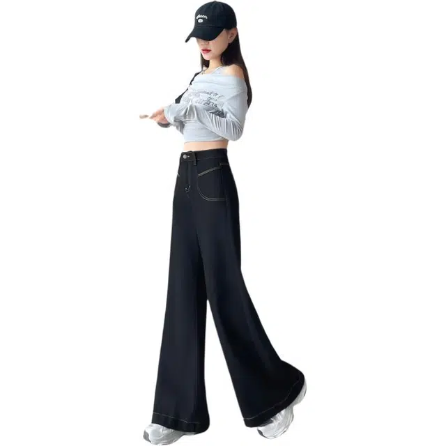 黛尔佳人 宽松高腰直筒阔腿牛仔裤 女款