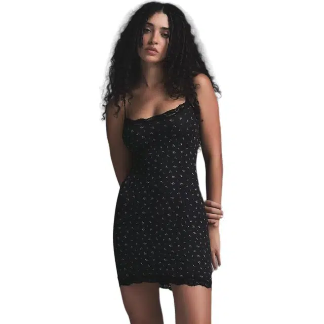 SKIMS Fits Everybody Lace Slip Dress Onyx Rosebud Print