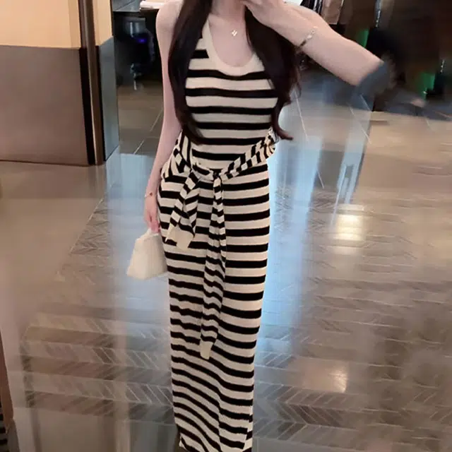 沐晓欣 设计感条纹撞色无袖背心裙夏法式收腰显瘦长裙披肩裙装套装 女款