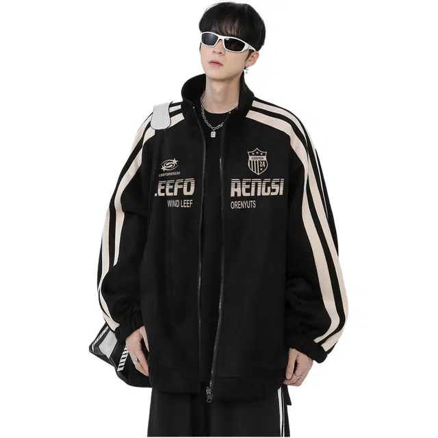 颂希尔 美式潮牌侧条纹棒球服秋冬季麂皮绒高街痞帅外套潮流宽松百搭夹克 男女同款