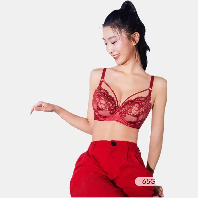 奶糖派 花盛系列 大胸显小蕾丝本命年文胸 女款 丝绒红