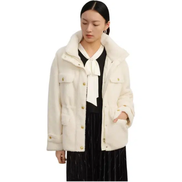 玖姿安娜蔻 立领纯色拉链羽绒服 女款 米白