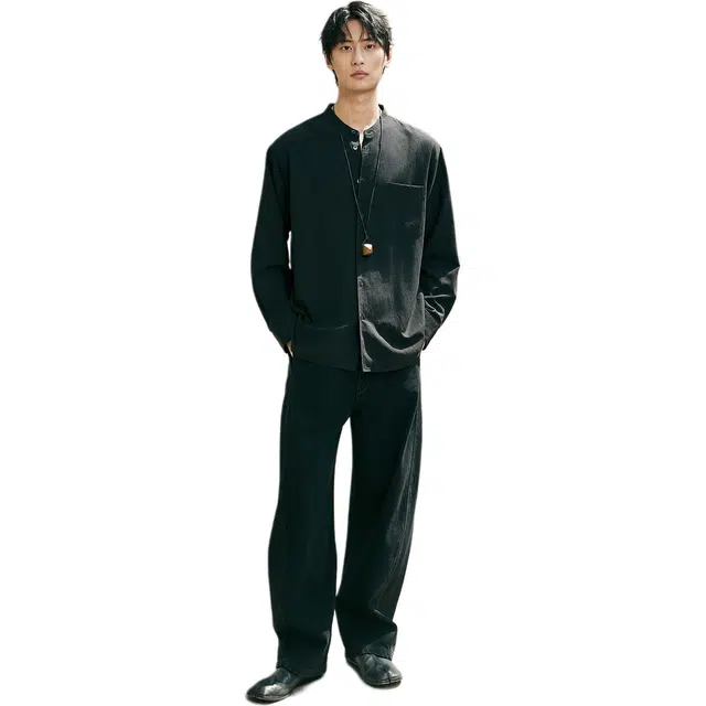 棉先生 亚麻立领纯色标准长袖衬衫 男款