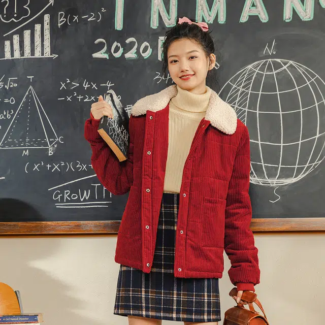 茵曼 纯色灯芯绒翻领休闲棉服 女款 复古红