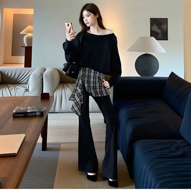 古莲菲 设计感春秋斜肩长袖上衣卫衣微喇长裤港味时尚两件套休闲套装 女款