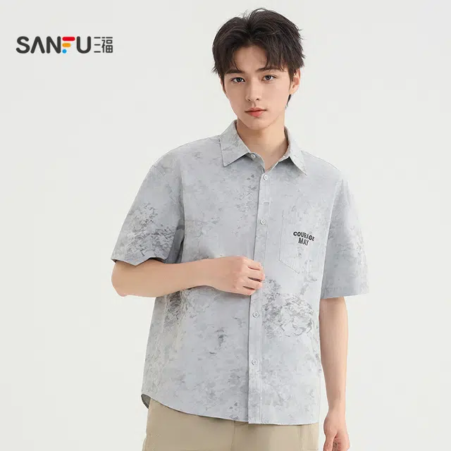 三福 满版印花时尚翻领短袖衬衫 男款